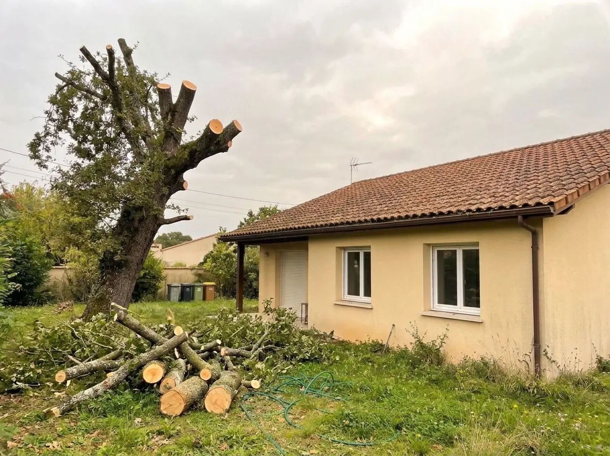 Après : toiture dégagée, branches coupées au sol